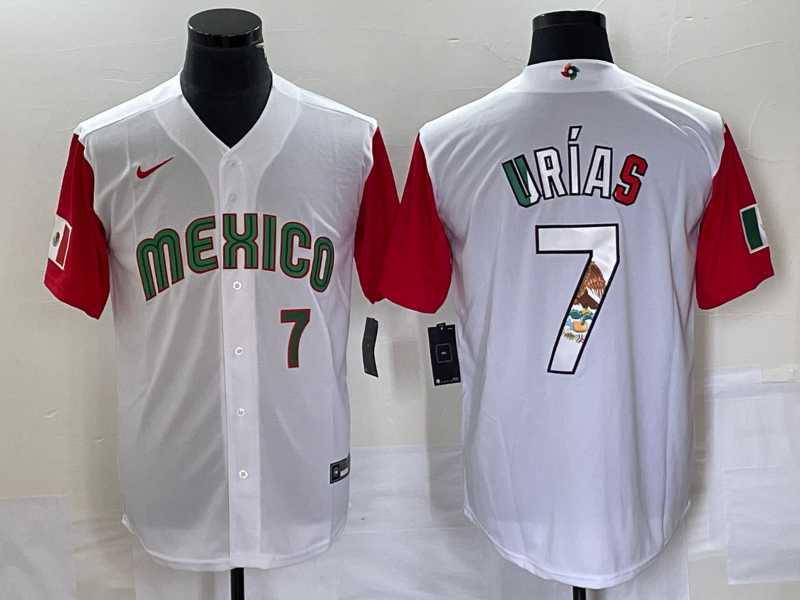 Men%27s Mexico Baseball #7 Julio Urias Number 2023 White Red World Classic Stitched Jersey8